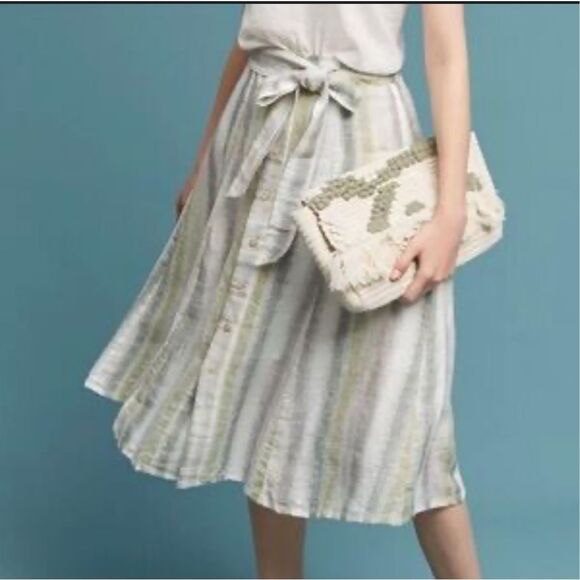 Tregene S 100% Linen Madi Skirt Stripe Midi Lagenlook Button Front Coastal Gauzy - Picture 1 of 10